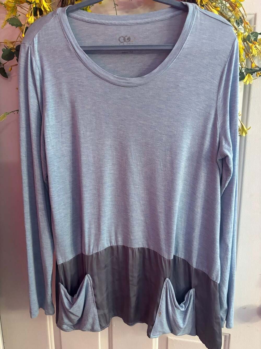 LOGO By Lori Goldstein Color Block Long Sleeve Tunic Top Women Medium Blue Gray